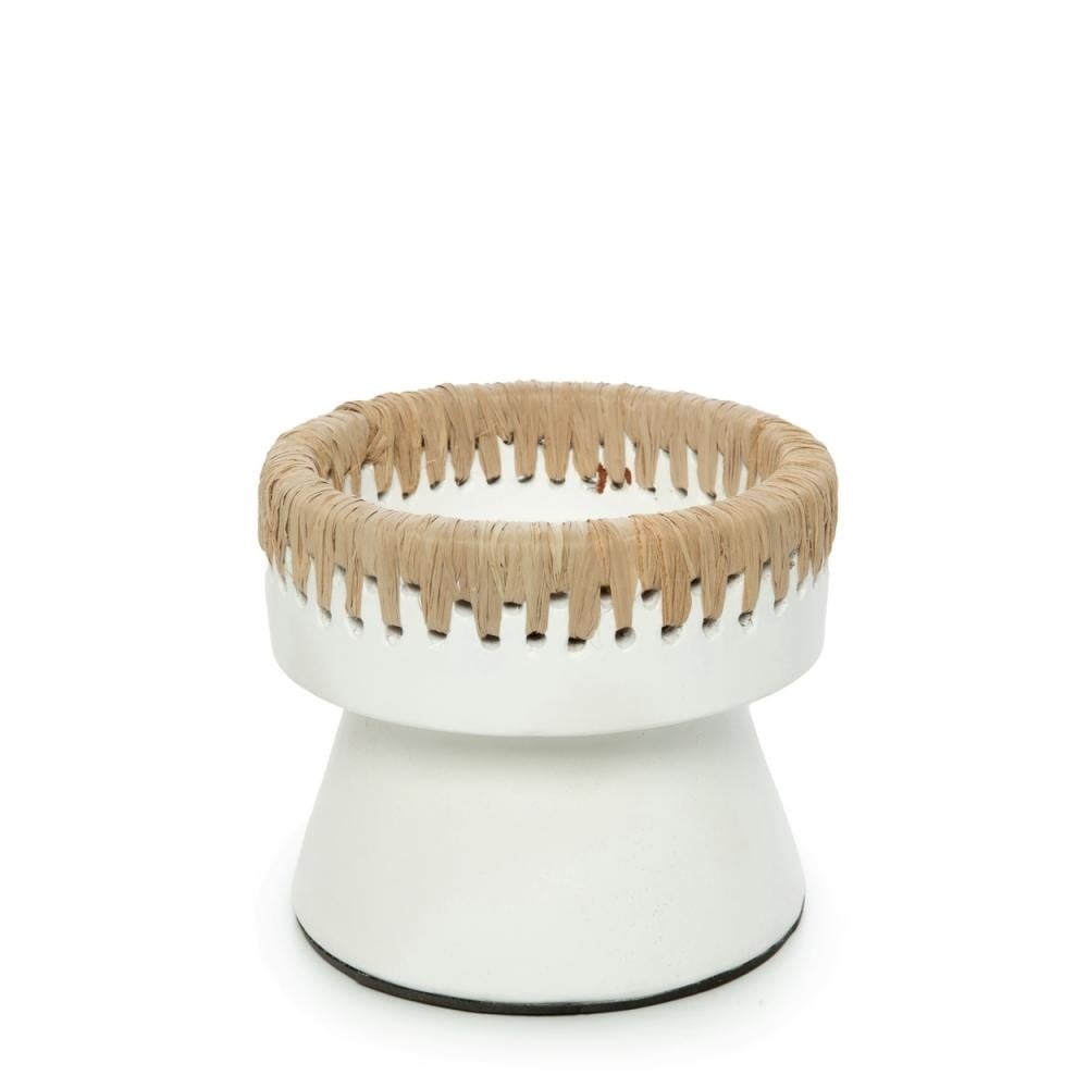 Pretty candle holder with white terracotta and raffia accent, 12cm height.