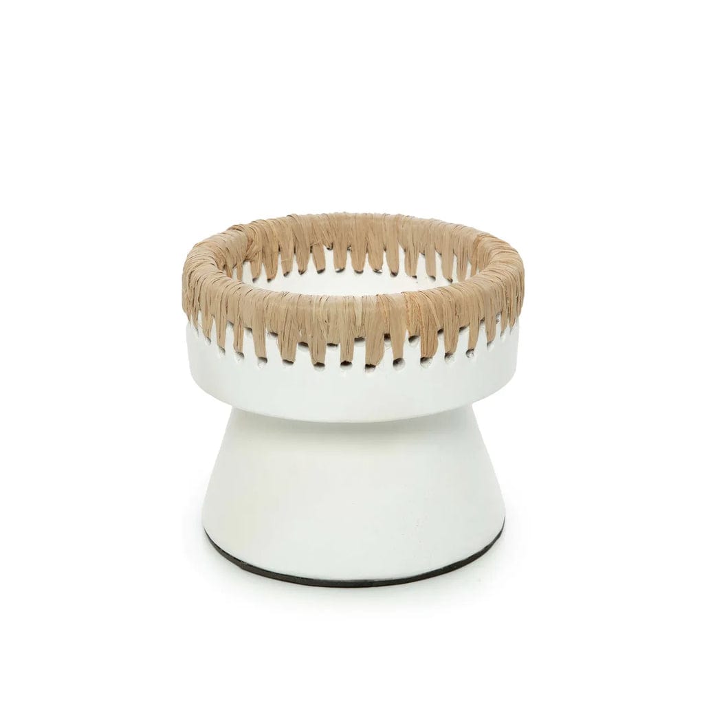 White terracotta candle holder with raffia accent, small size.