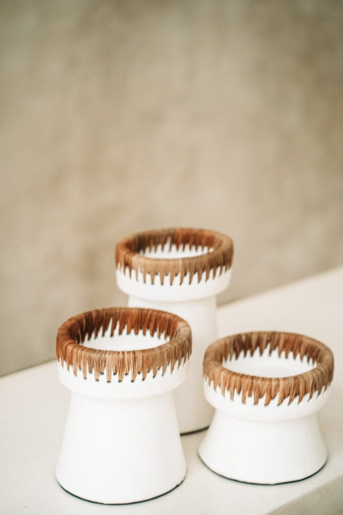 Pretty Candle Holder - White Natural with raffia and terracotta accents.