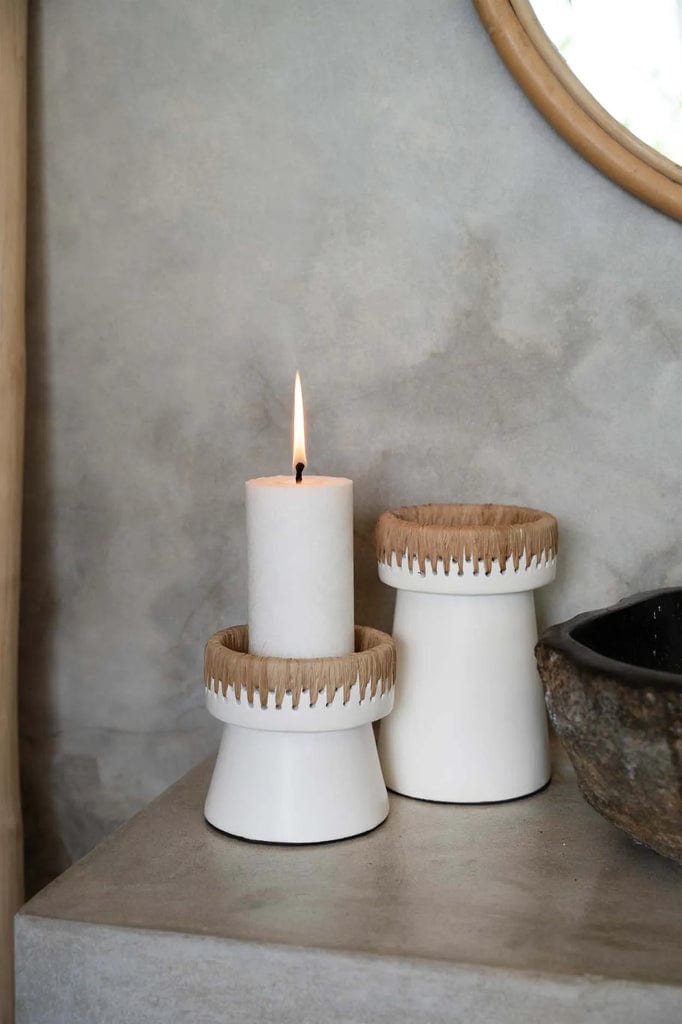 Pretty candle holder made of white terracotta with raffia accent, 12 cm height.