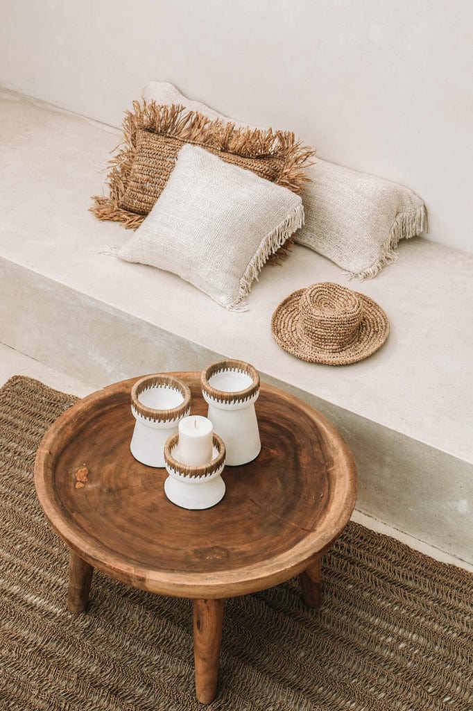 Pretty Candle Holder - White Natural - S on wooden table with rustic decor.