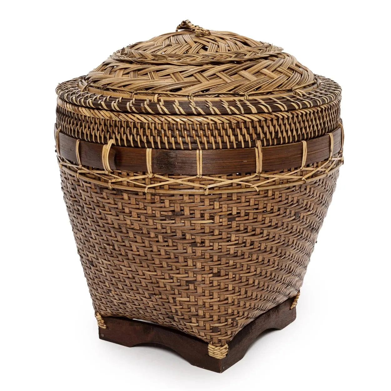 Woven basket with a lid on a white background