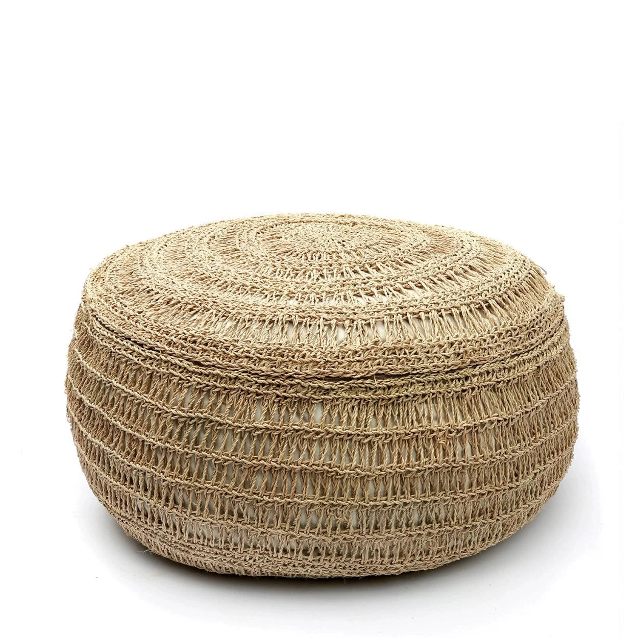 Round woven ottoman on a white background