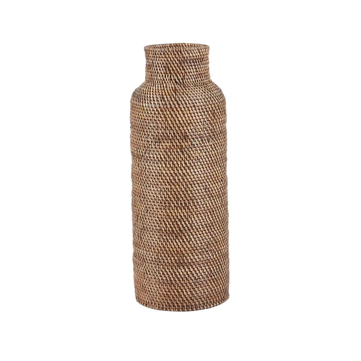 Woven brown umbrella stand on a white background