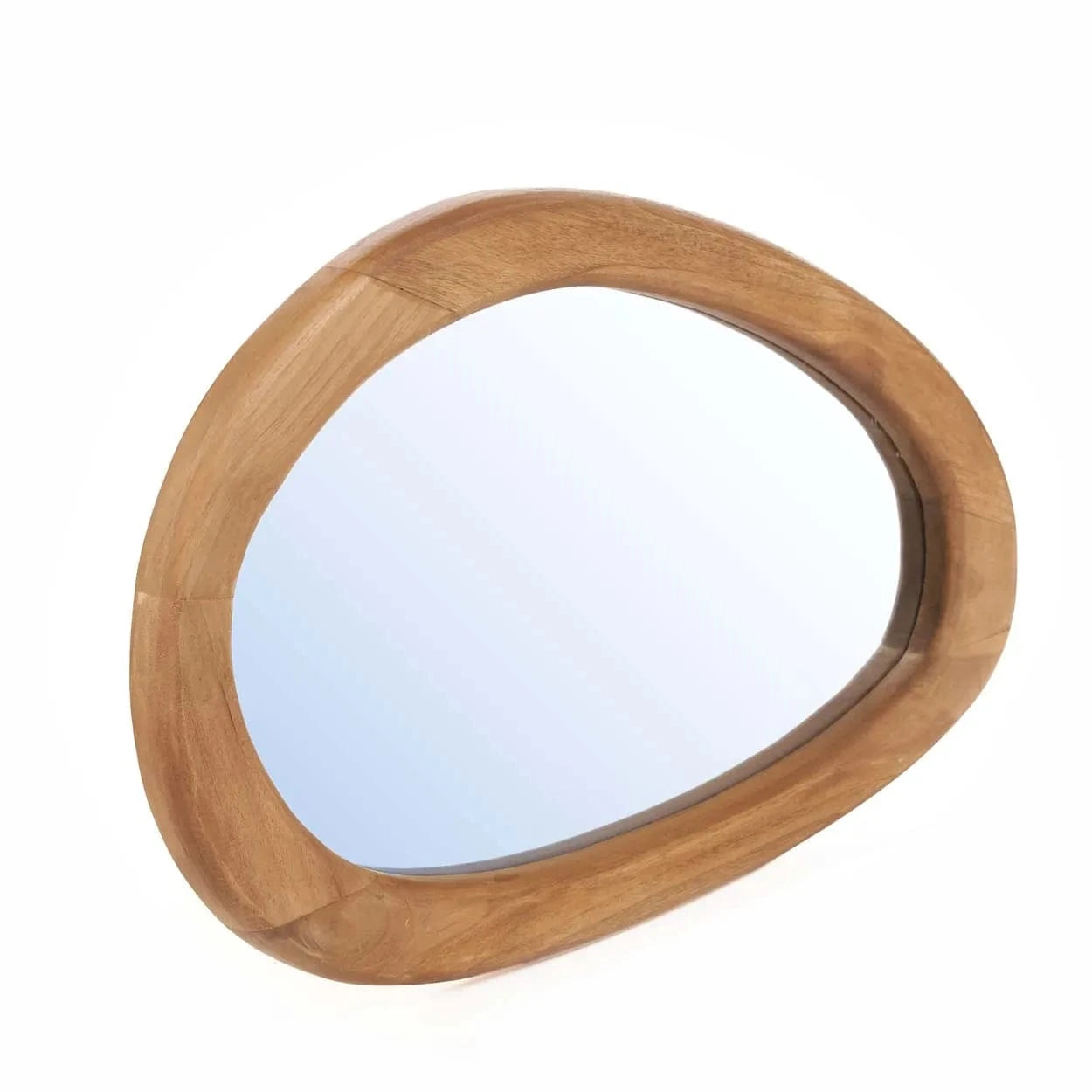 Round wooden-framed mirror on a white background