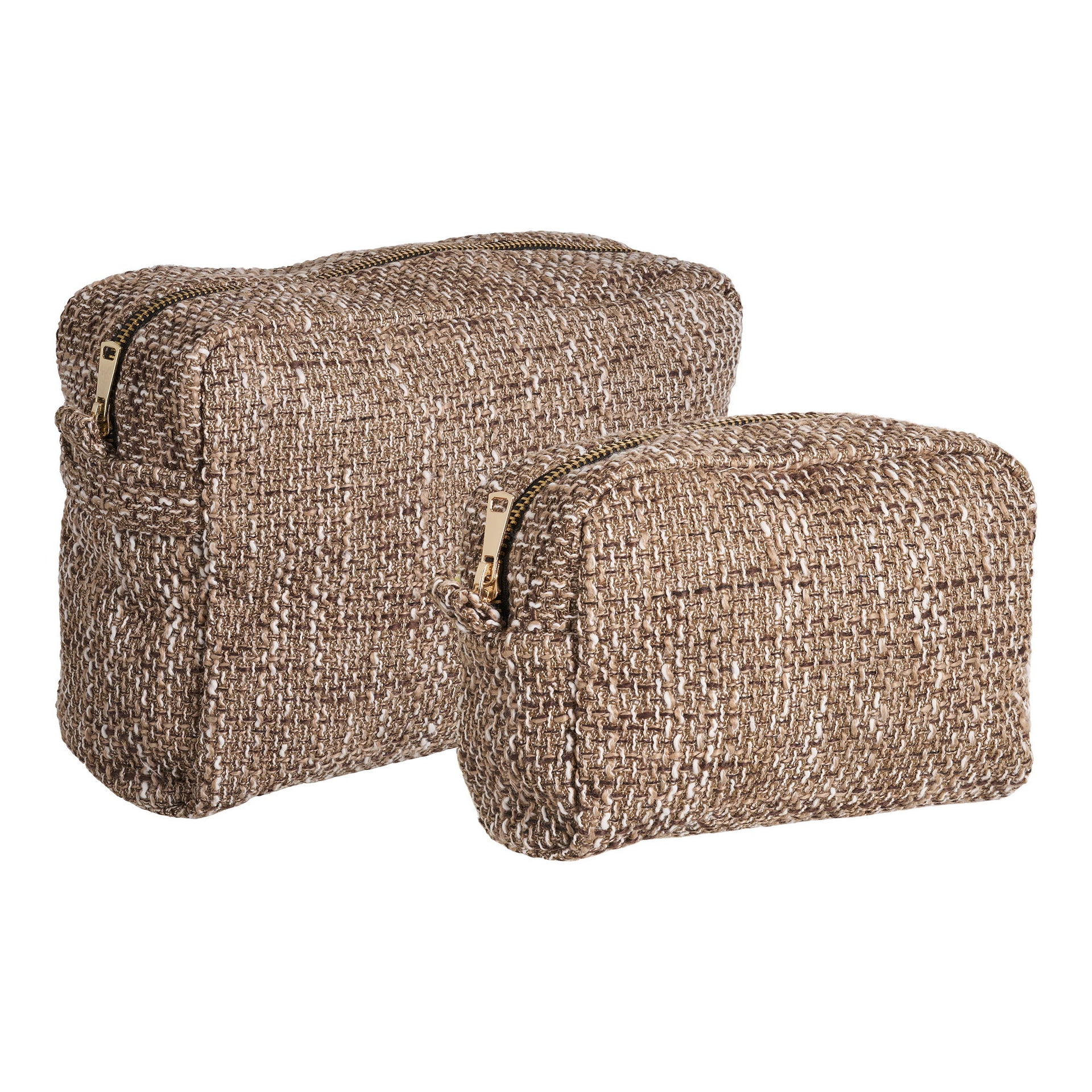 Two woven brown ottomans on a white background