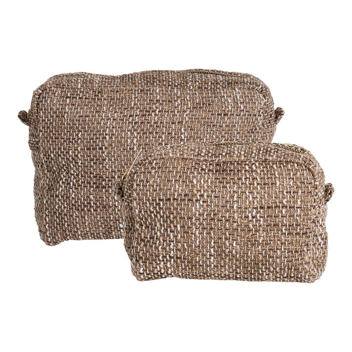 Two woven brown pouches on a white background