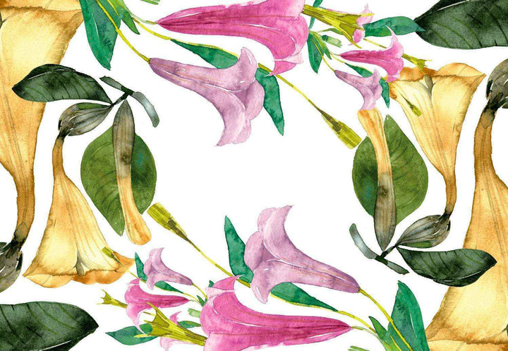 Colorful floral pattern with pink, yellow, and green flowers on a white background