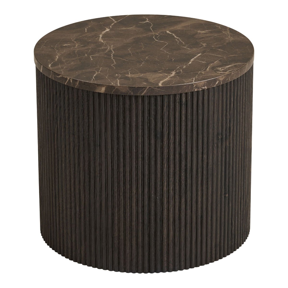Round side table with marble top and ribbed cylindrical base on a white background