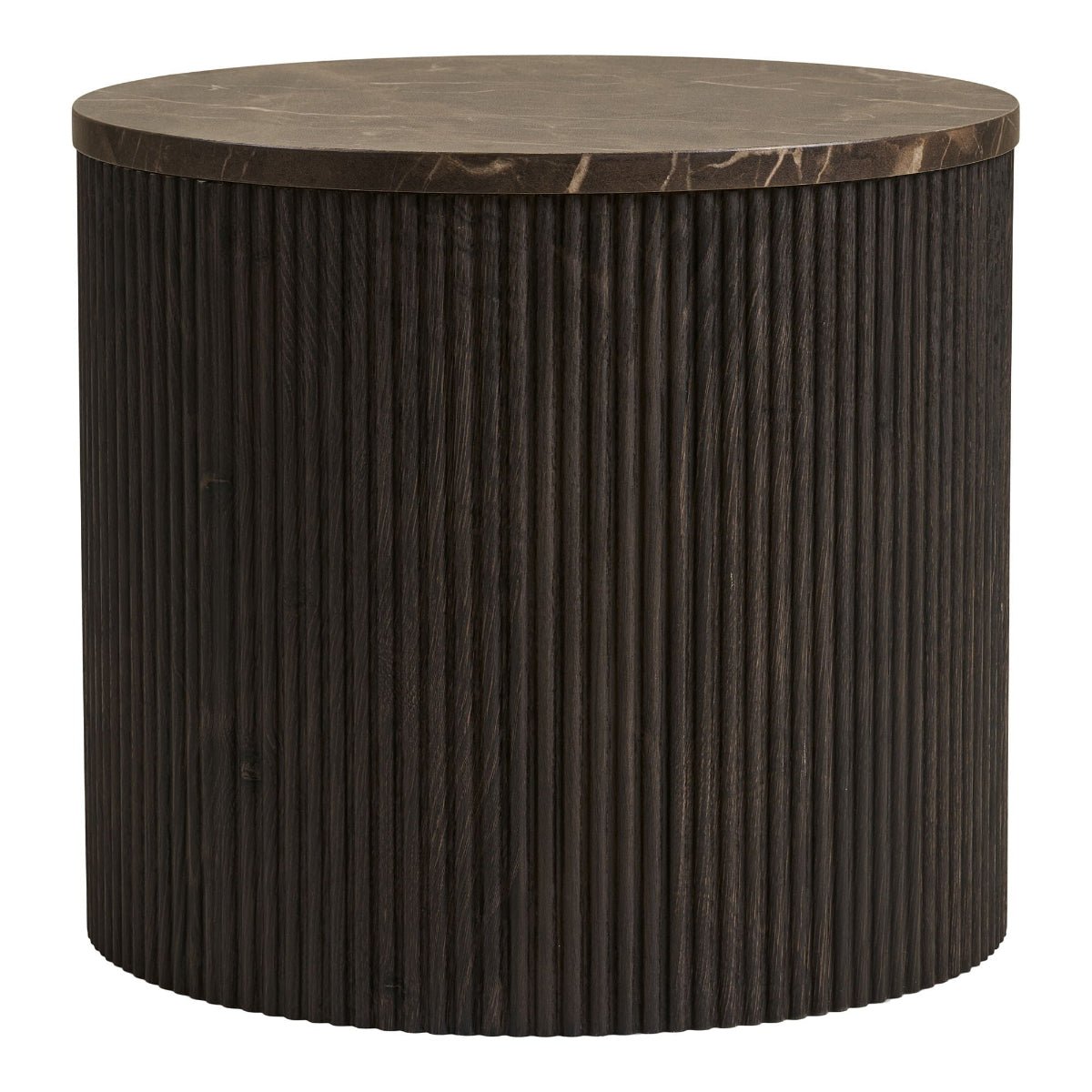 Round side table with ribbed cylindrical base and marble-like top on a white background