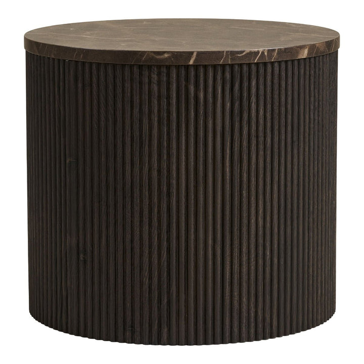 Round side table with ribbed cylindrical base and marble-like top on a white background