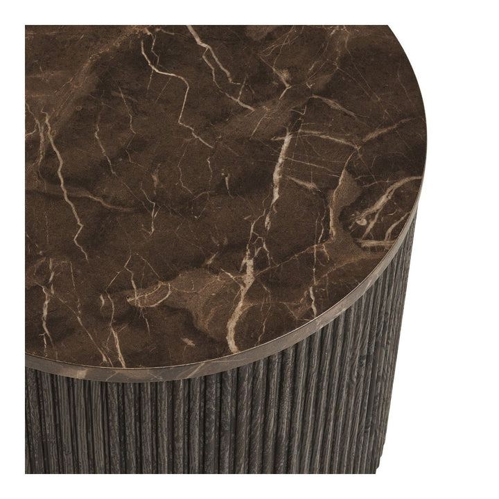 Round marble table with brown and beige marbled pattern on a white background