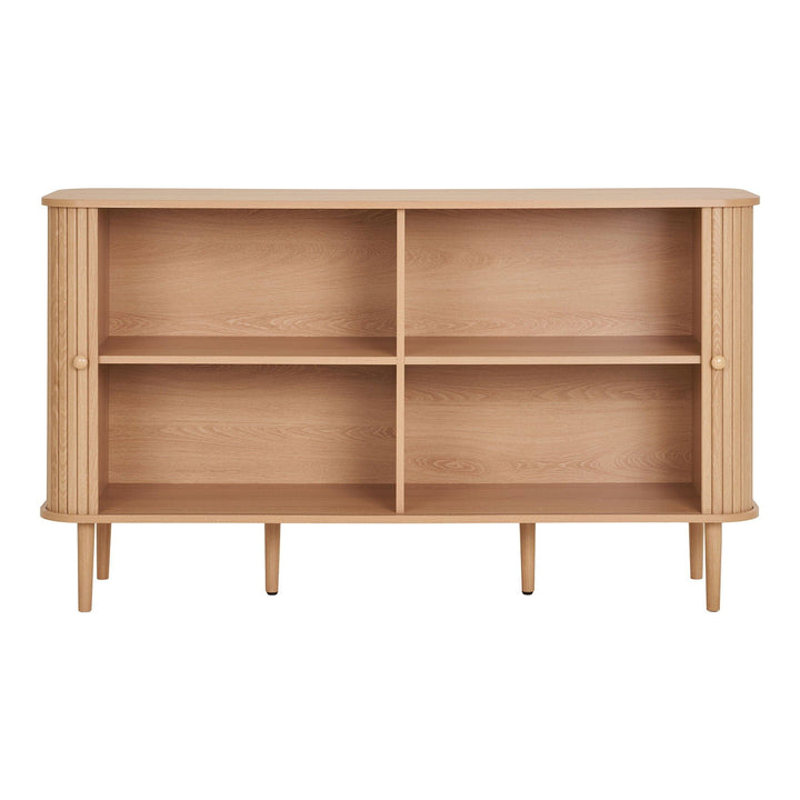 Wooden bookshelf with four shelves on a white background