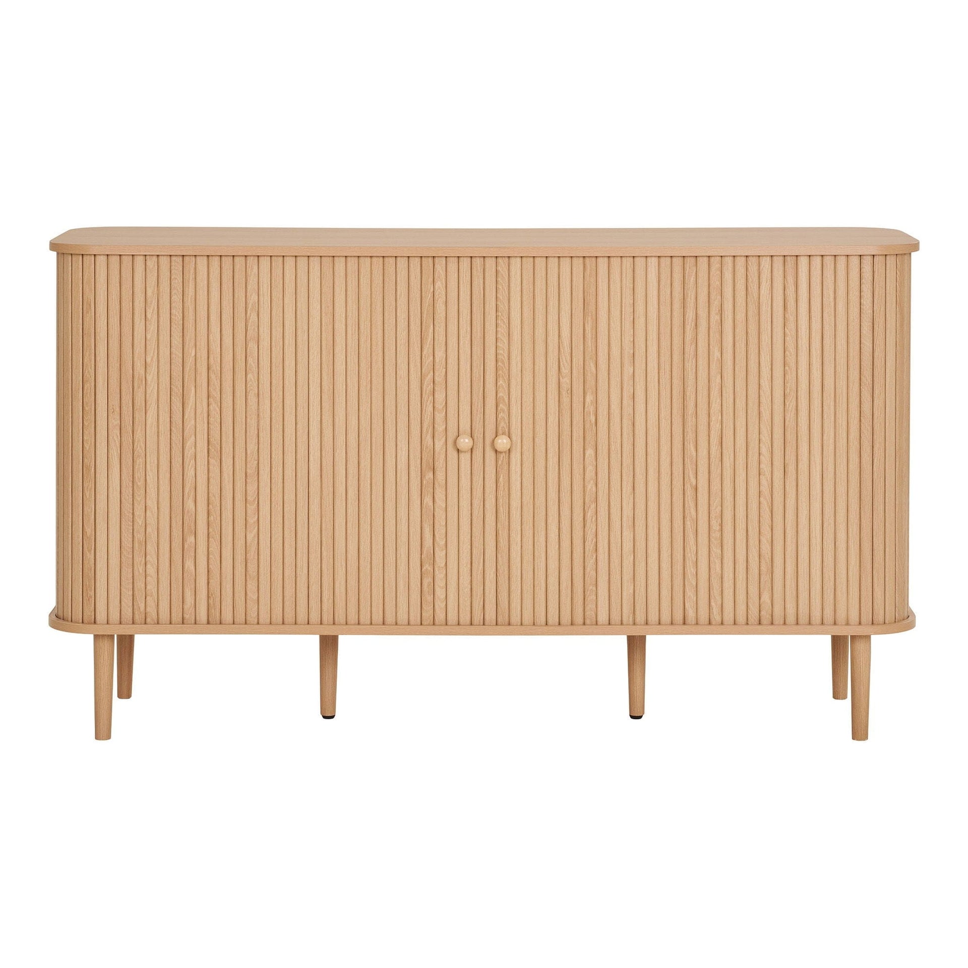 Wooden cabinet with slatted door on a white background
