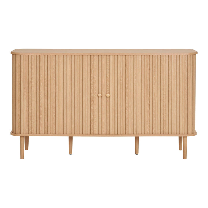 Wooden cabinet with slatted door on a white background