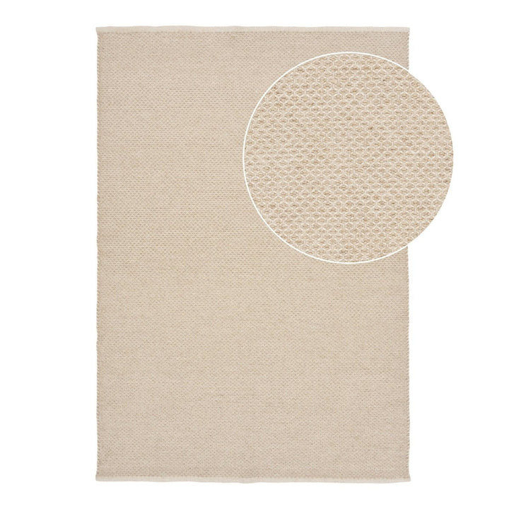 A rectangular beige rug with a circular inset showing a close-up of its woven texture, presented on a solid white background.
