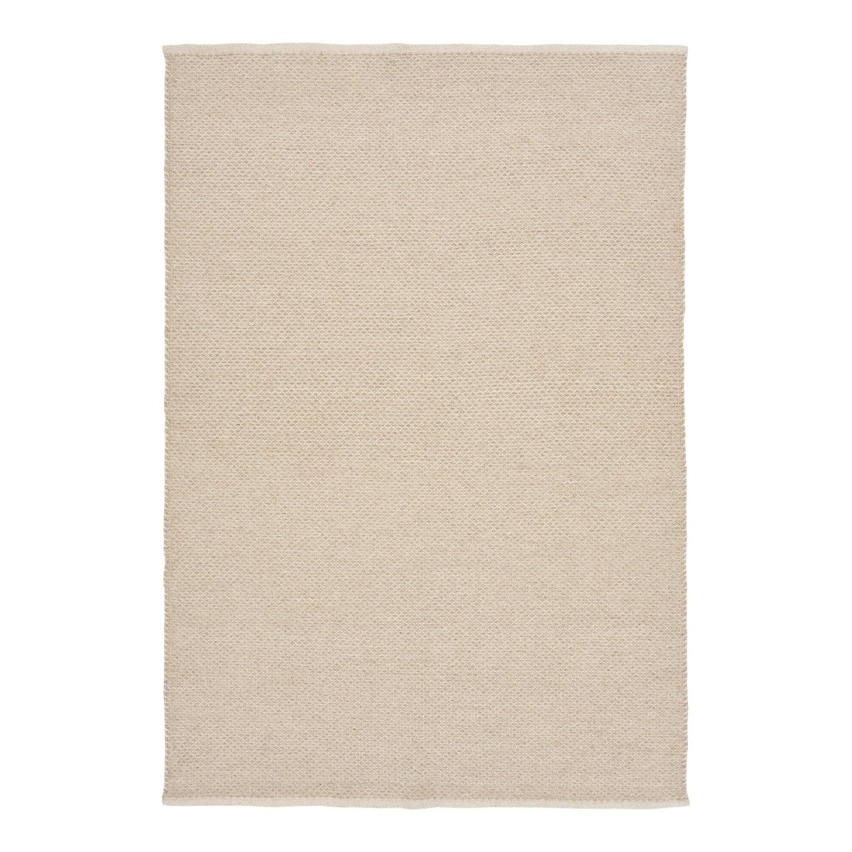 A rectangular area rug with a textured, woven jute-like surface in a light beige color, shown flat against a solid white background.