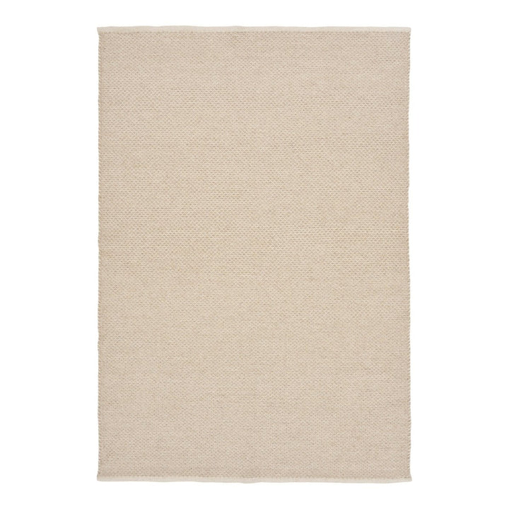 A rectangular area rug with a textured, woven jute-like surface in a light beige color, shown flat against a solid white background.