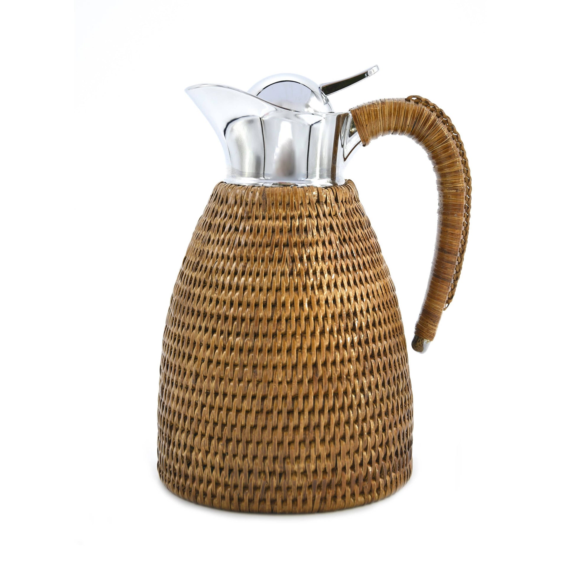 Wicker coffee pot with silver spout on a white background