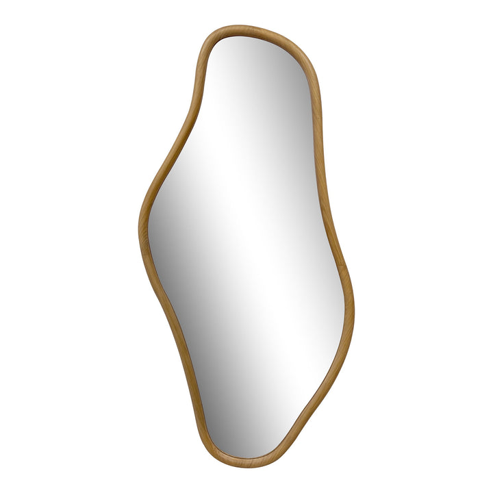Wavy mirror with wooden frame on a white background