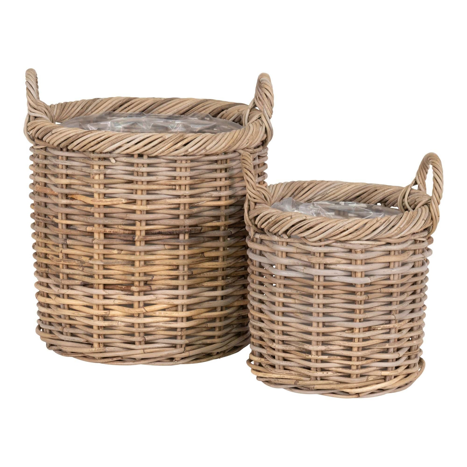 Two woven baskets with handles on a white background