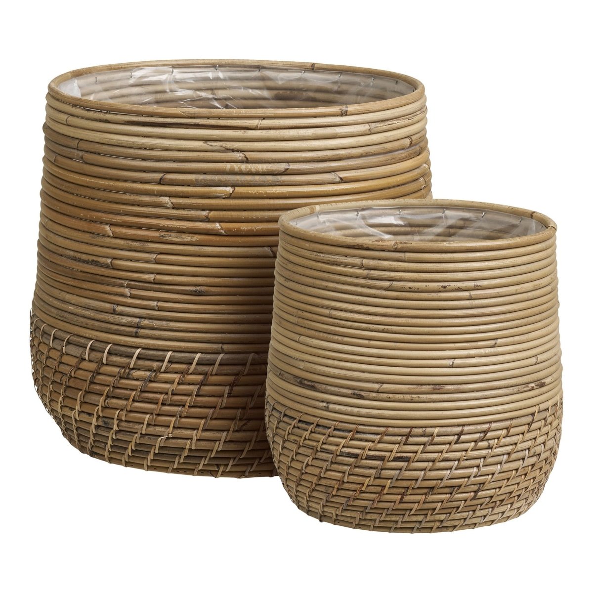 Two woven rattan planters on a white background