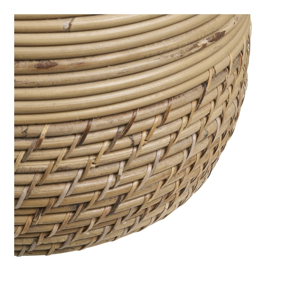 Close-up of a woven rattan basket on a white background