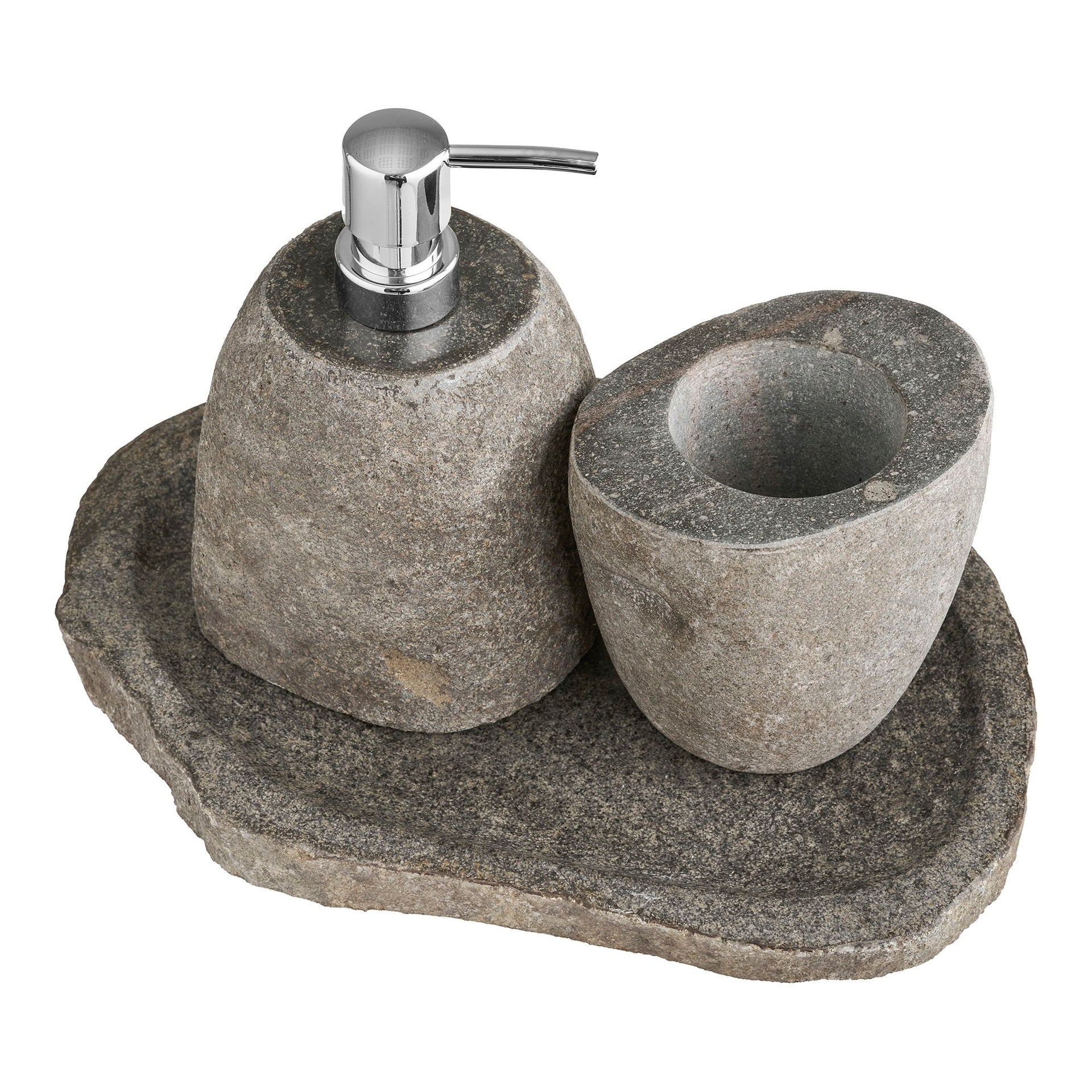 Riverstone Bathroom Set – Soap Dispenser, Storage Cup & Tray