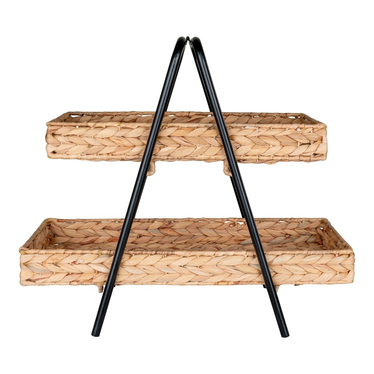 Alfaro Two - Tier Tray – Basket Weave Design in Water Hyacinth & Metal 42x23x43.5 cm, Nature/Black - 