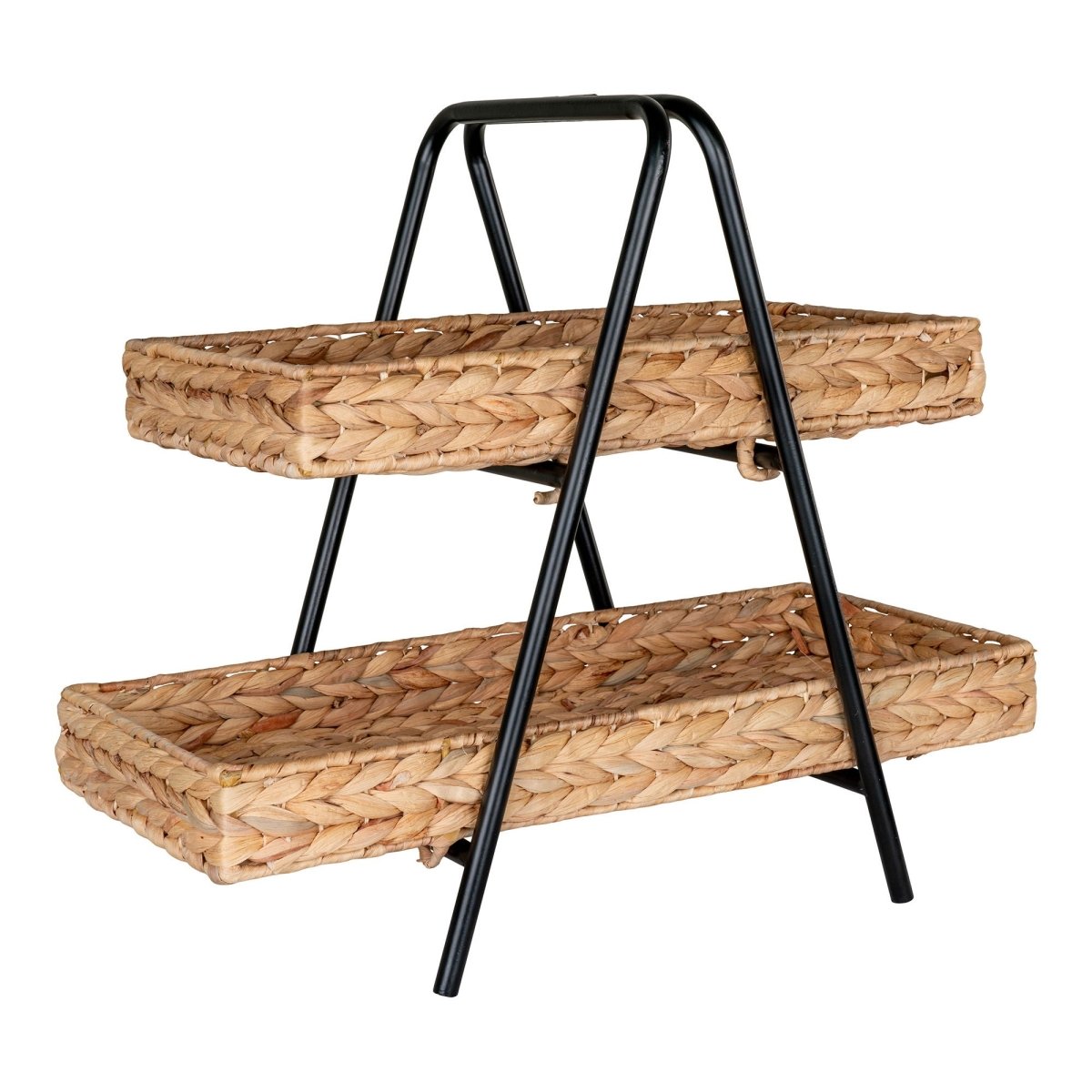 Alfaro Two - Tier Tray – Basket Weave Design in Water Hyacinth & Metal 42x23x43.5 cm, Nature/Black - 