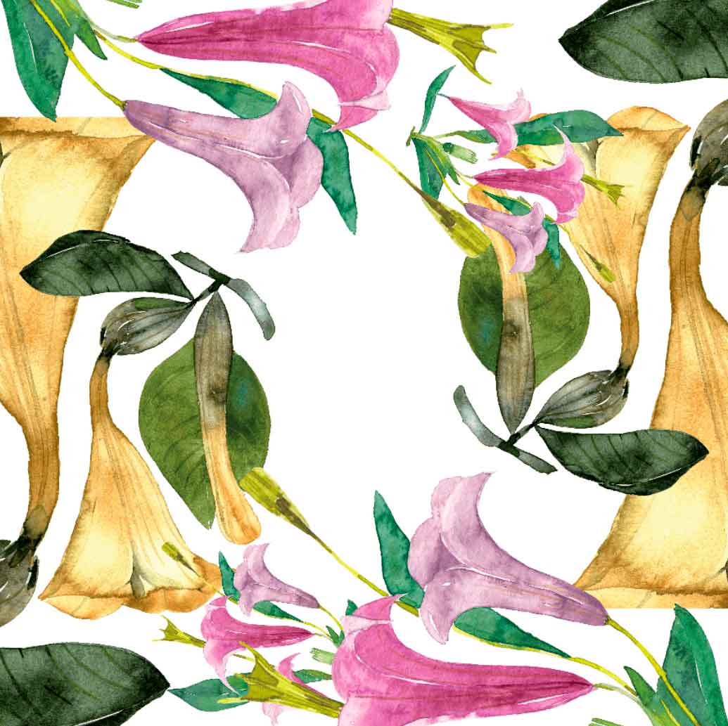 Colorful floral pattern with pink, yellow, and green flowers on a white background