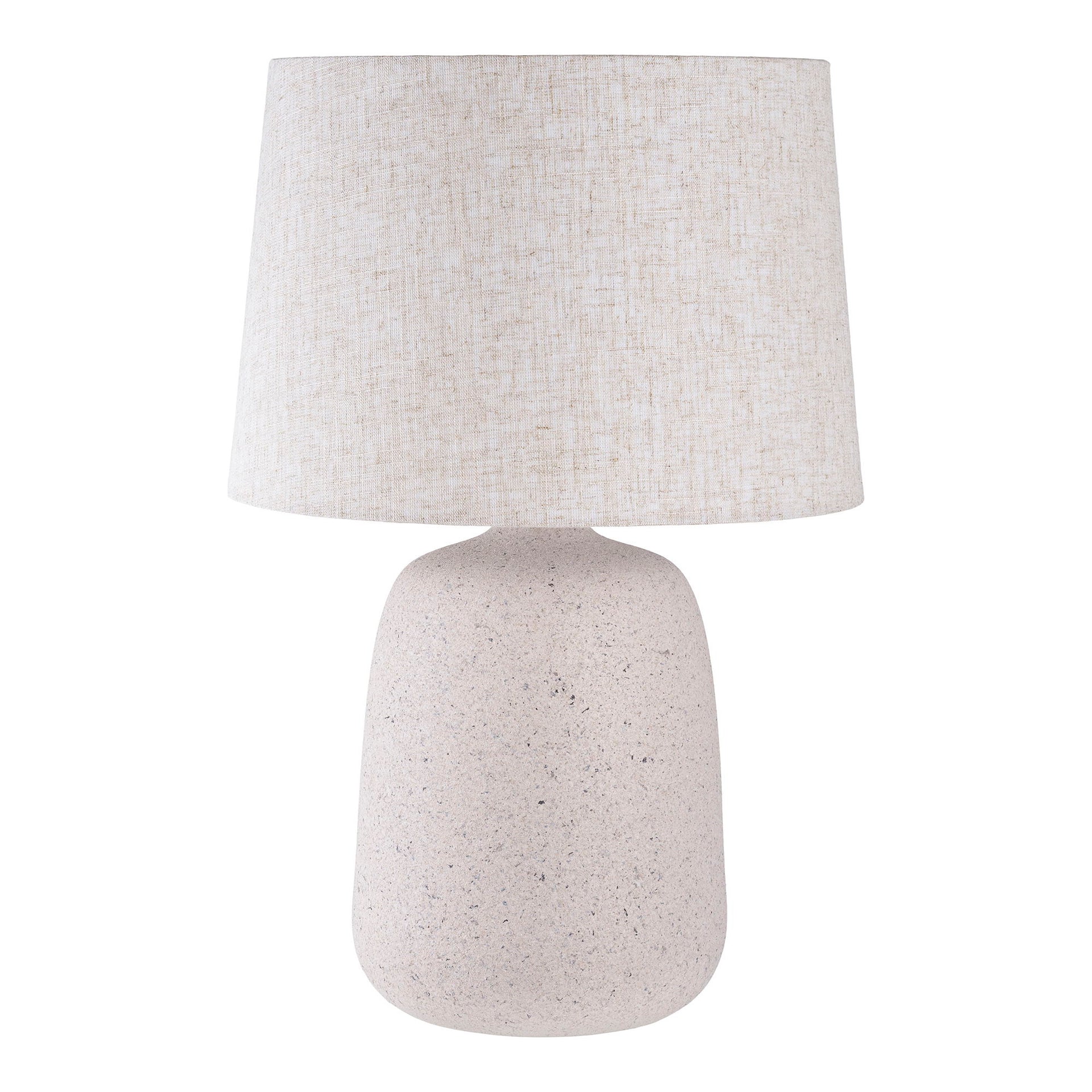 Table lamp with a textured white base and light gray shade on a white background