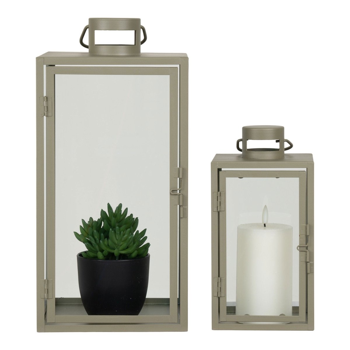 Corfu Lanterns Set of 2 – Grey Green Metal & Glass - 