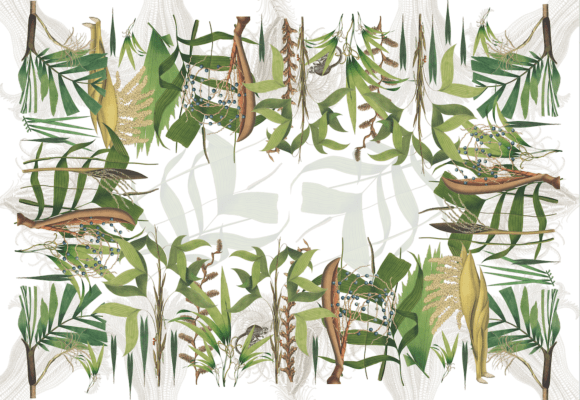 Pattern of tropical leaves and branches on a white background