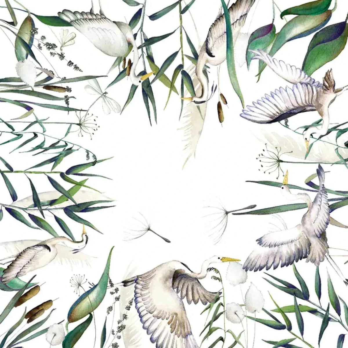 Pattern of birds and leaves on a white background