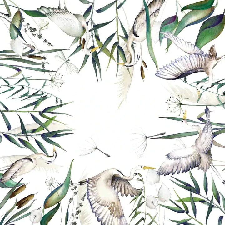 Pattern of birds and leaves on a white background