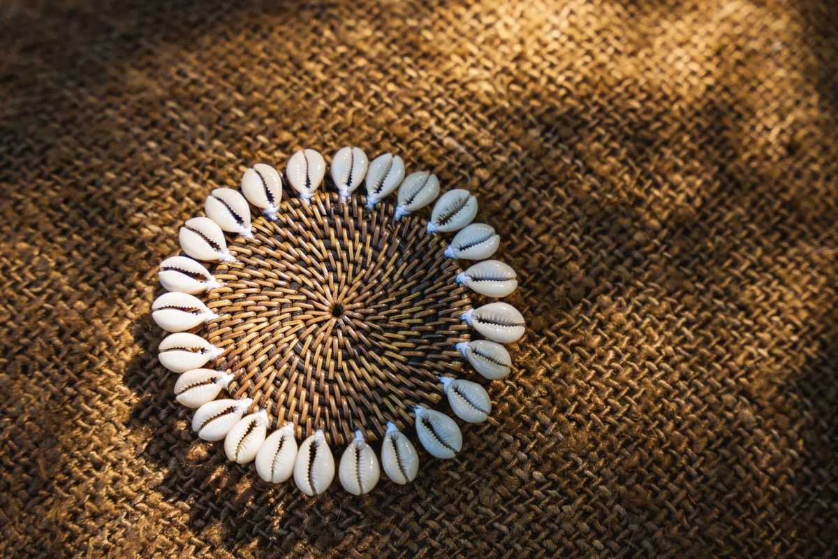 Circular arrangement of cowrie shells on a textured brown surface