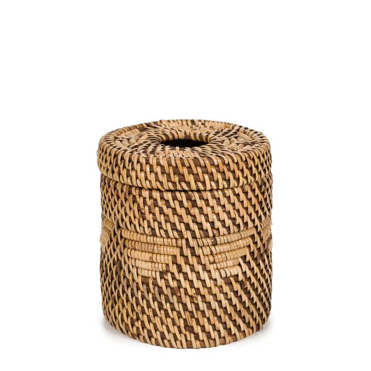 Woven basket with a lid on a white background