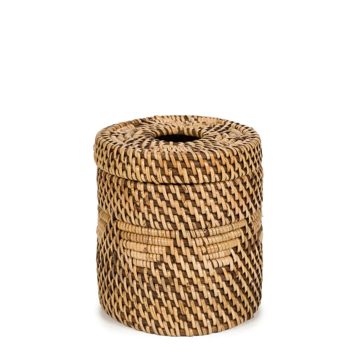 Woven basket with a lid on a white background