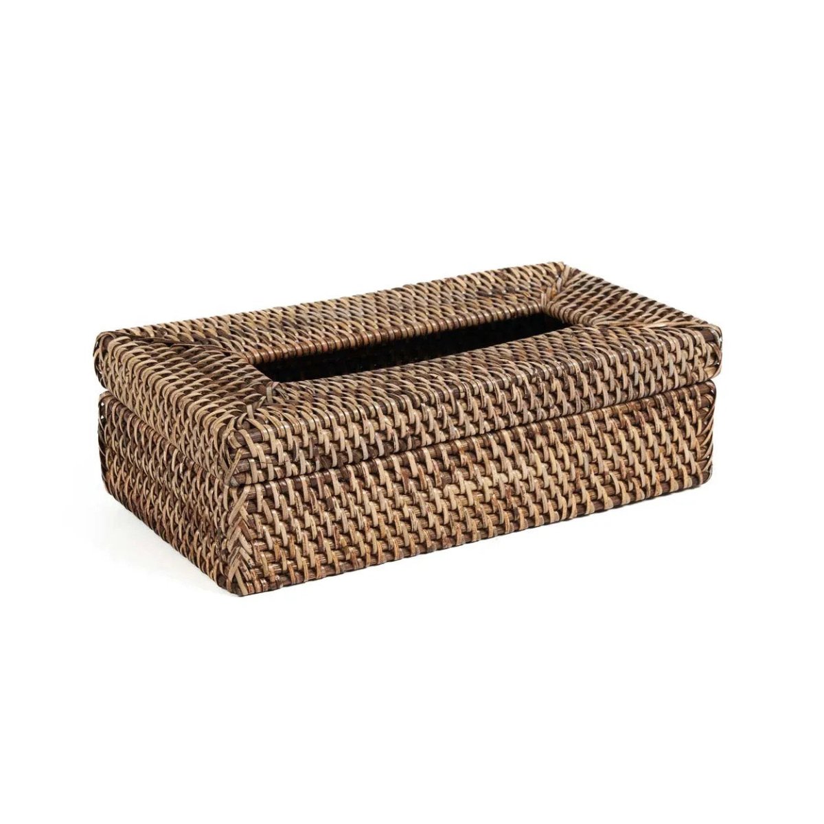 Woven brown tissue box on a white background