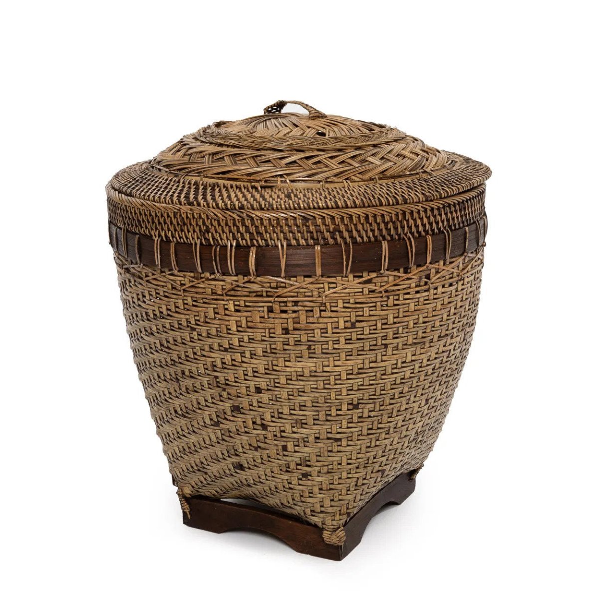Woven basket with a lid on a white background