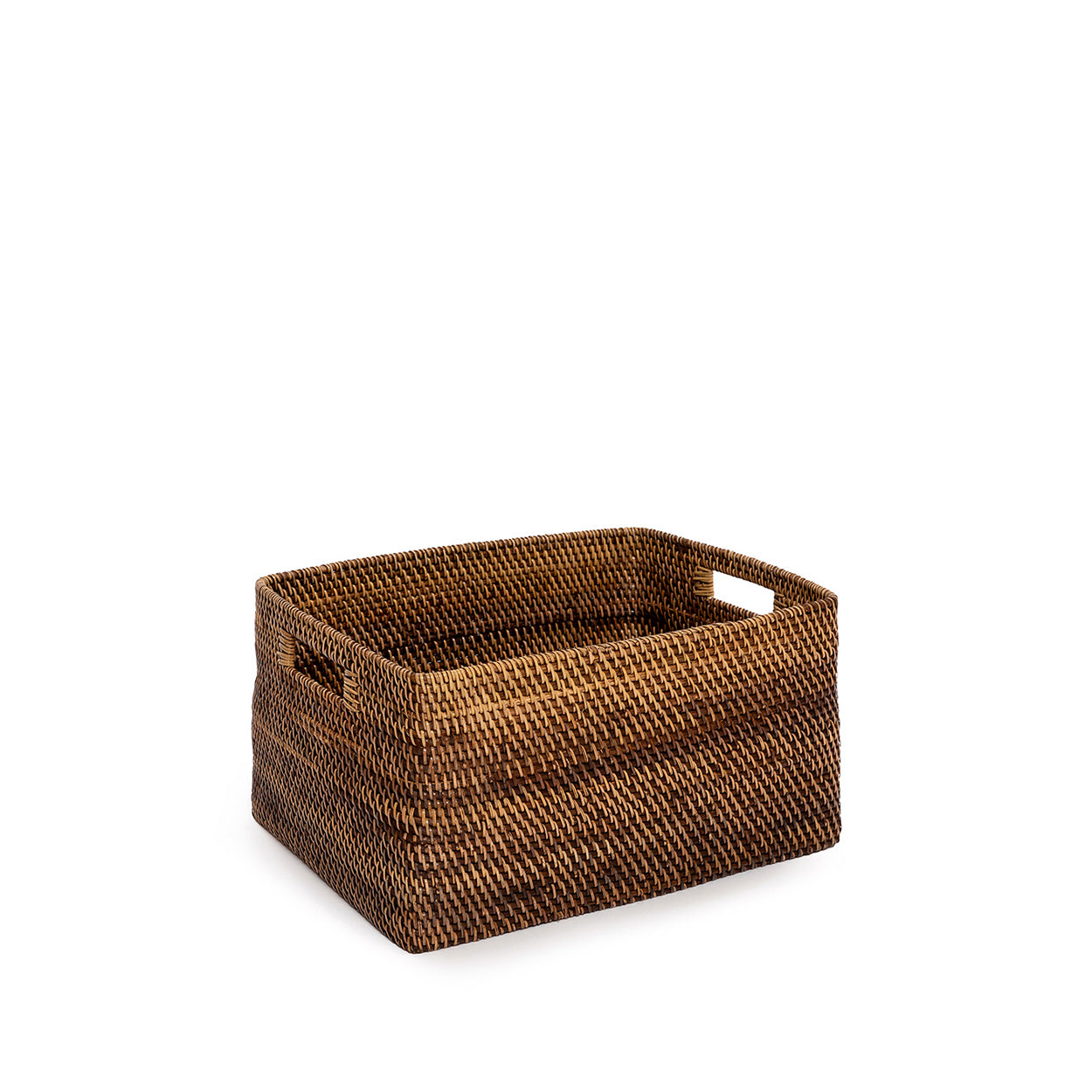 Woven brown storage basket on a white background