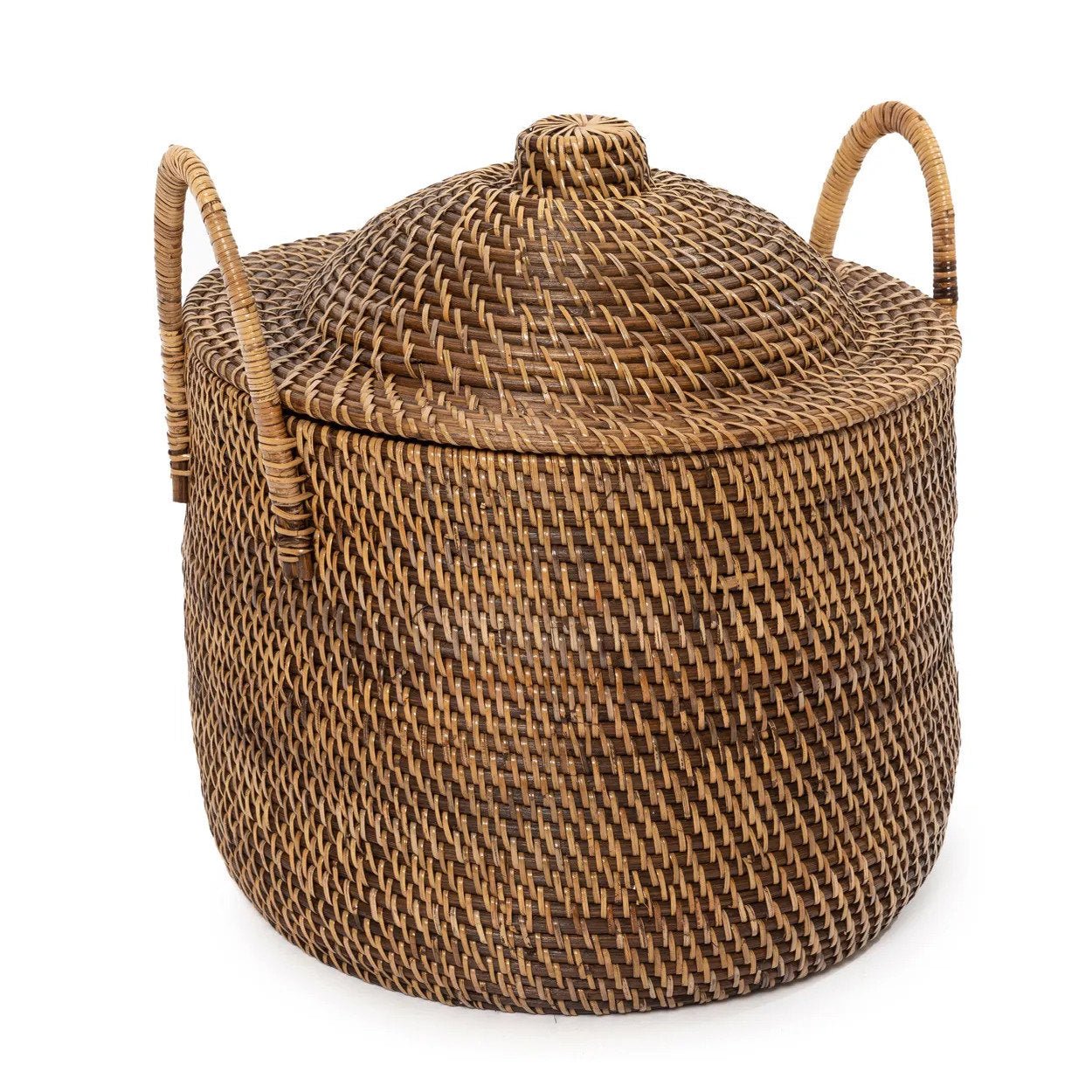 Woven basket with a lid and handles on a white background