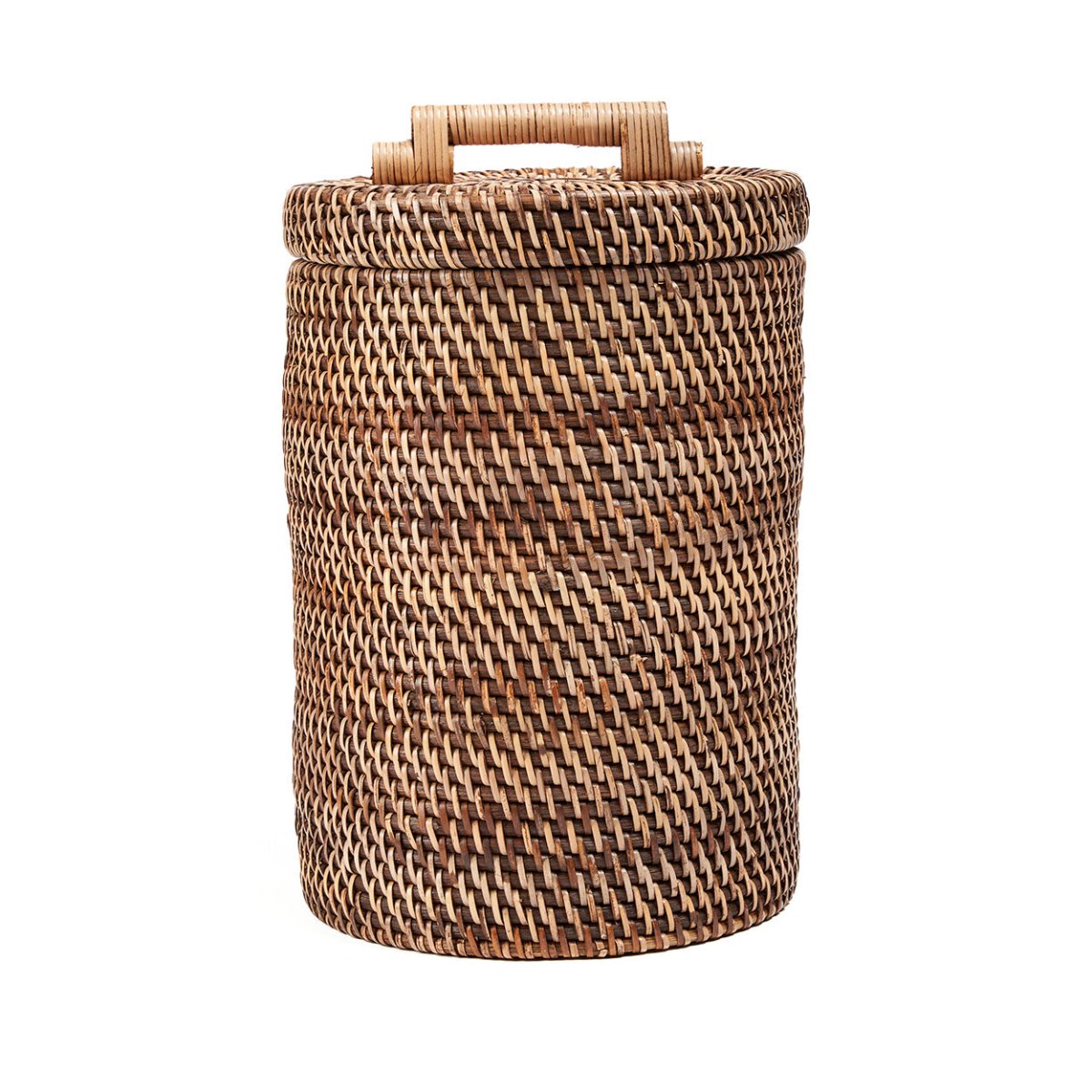 Woven basket with a lid on a white background