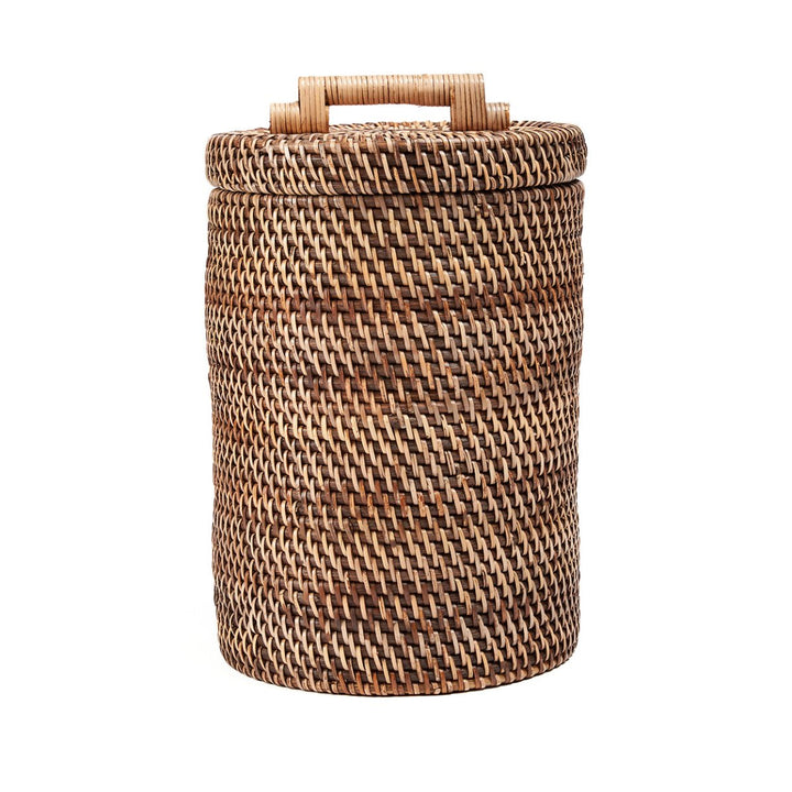 Woven basket with a lid on a white background
