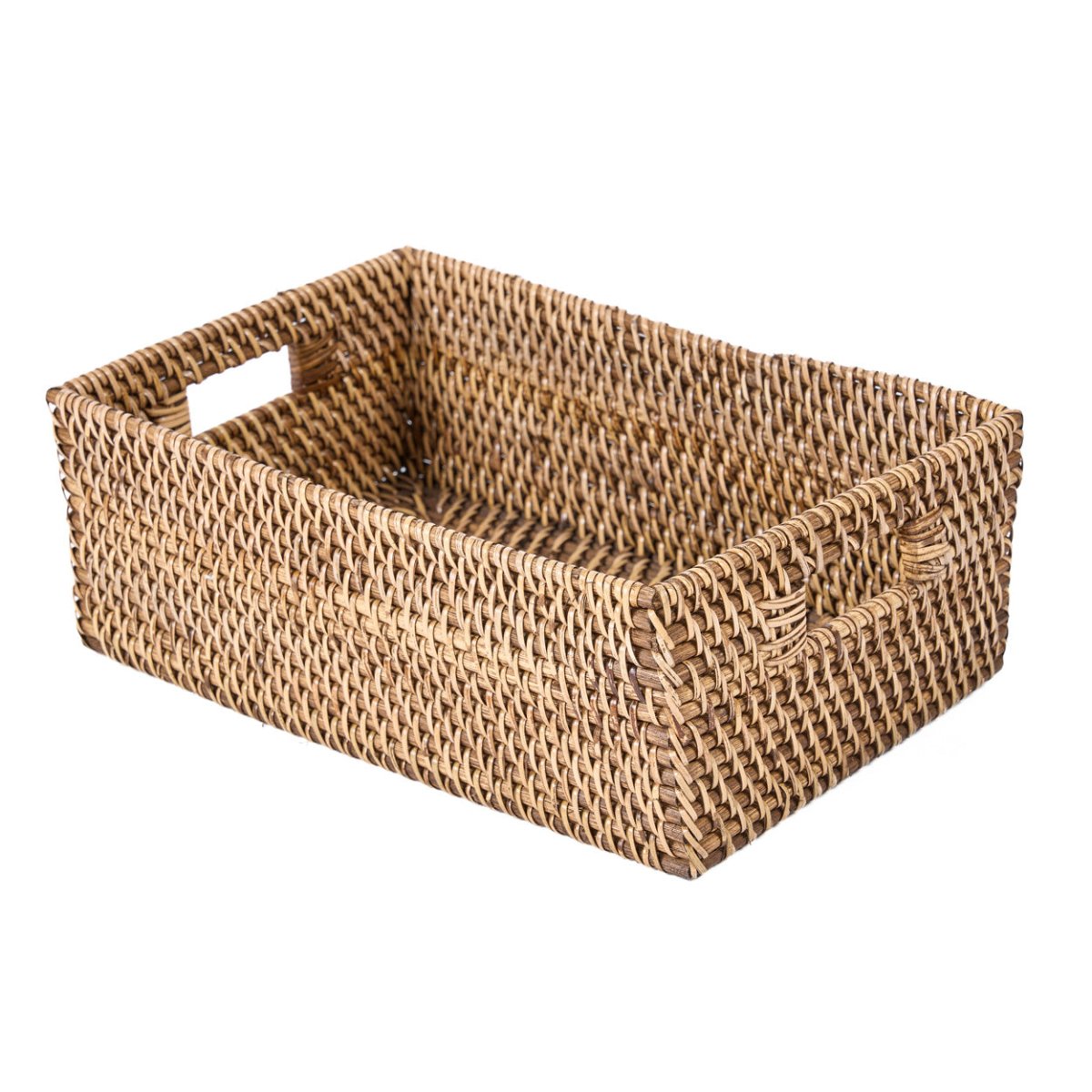 Woven brown basket with handles on a white background