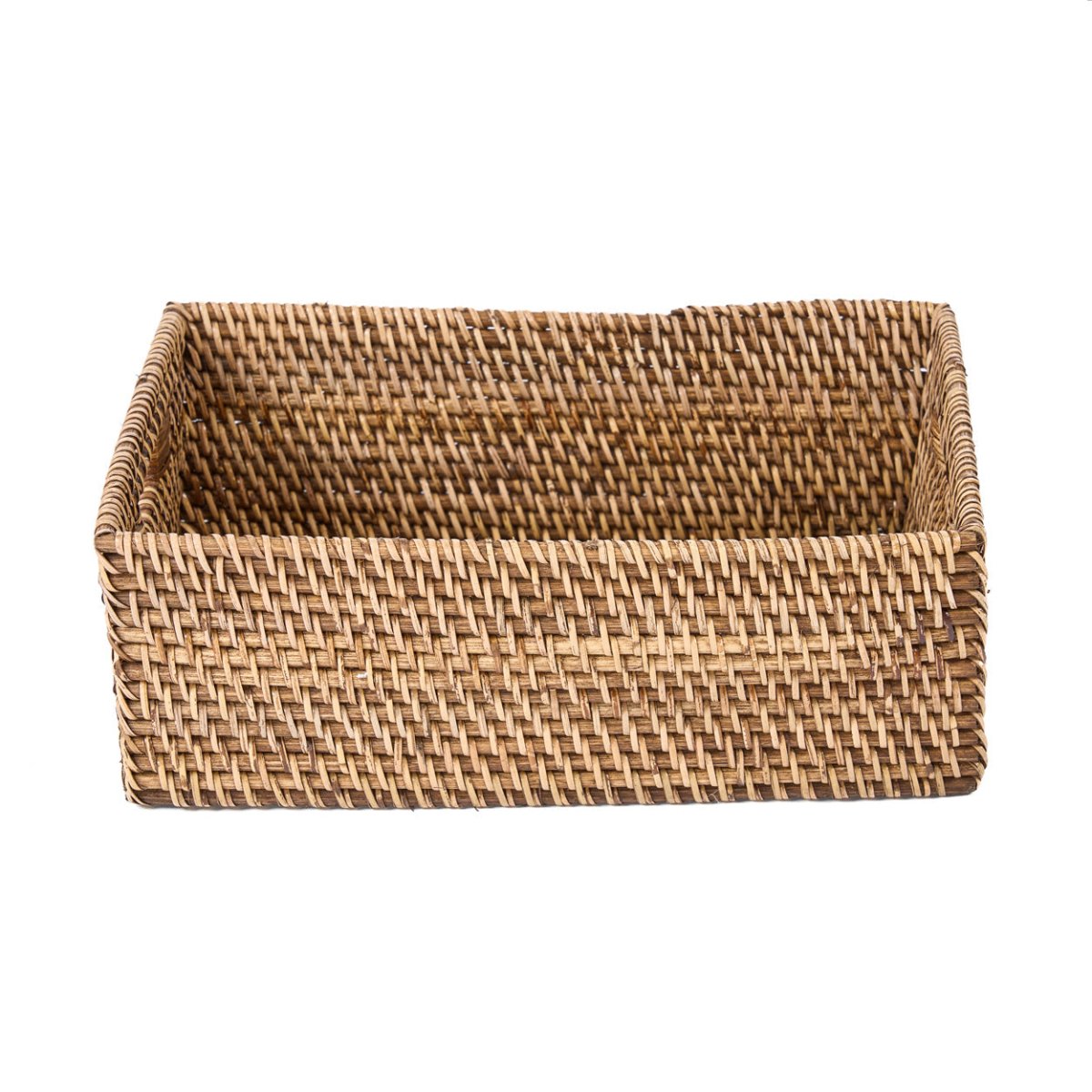 Woven brown rectangular basket on a white background