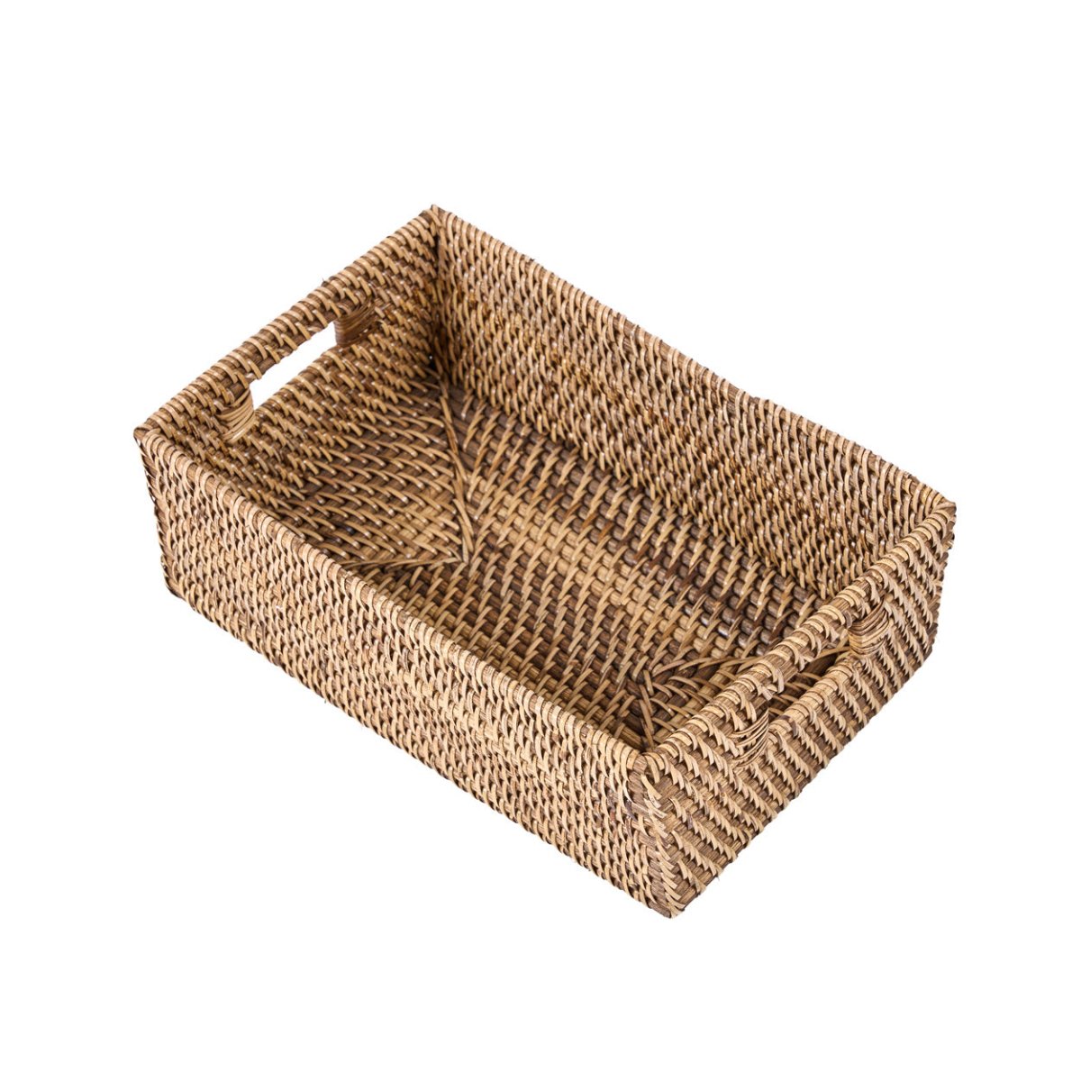 Woven rectangular basket with handles on a white background