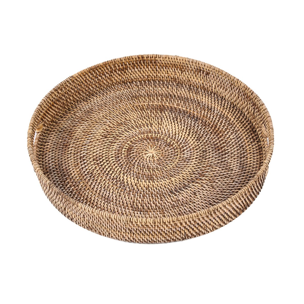 Woven round basket on a white background