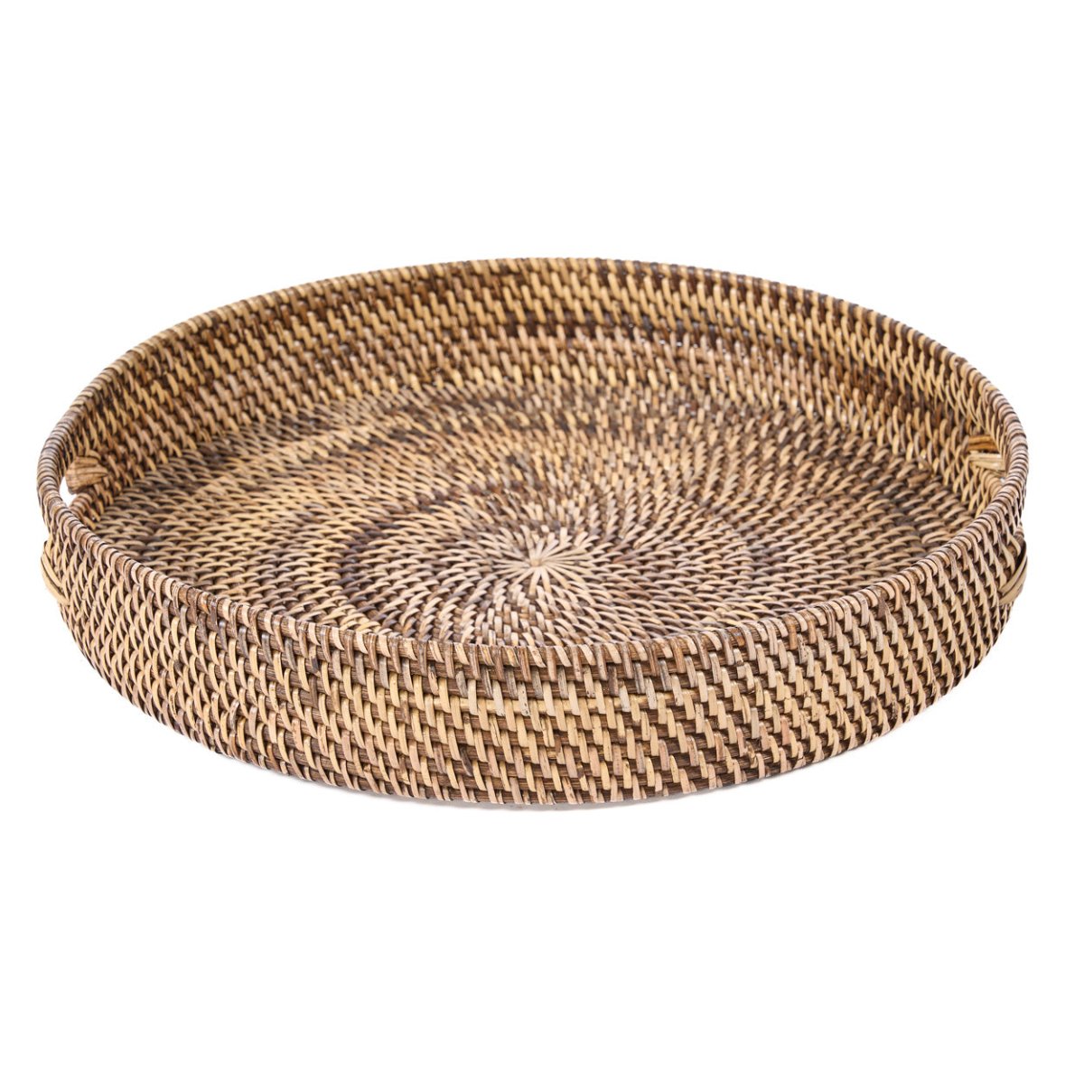 Woven rattan tray on a white background